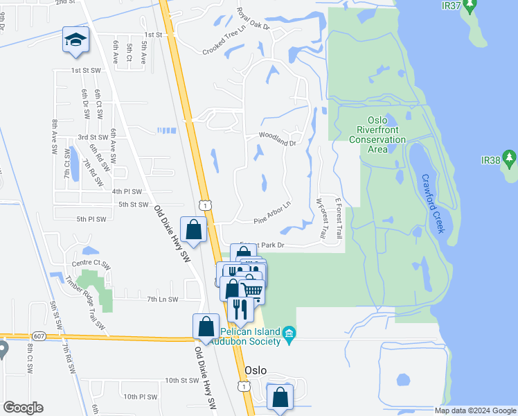 map of restaurants, bars, coffee shops, grocery stores, and more near 20 Pine Arbor Lane in Vero Beach