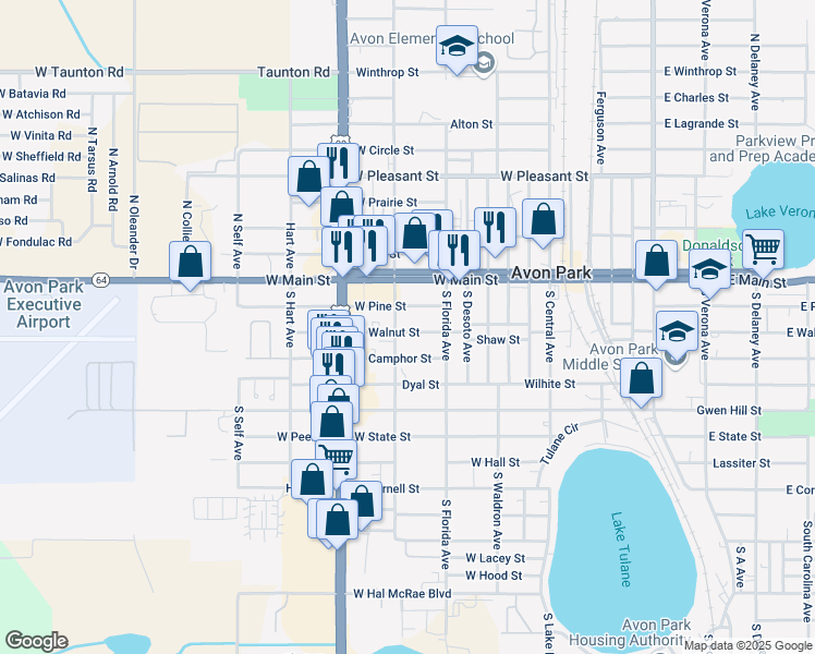 map of restaurants, bars, coffee shops, grocery stores, and more near 998 West Walnut Street in Avon Park