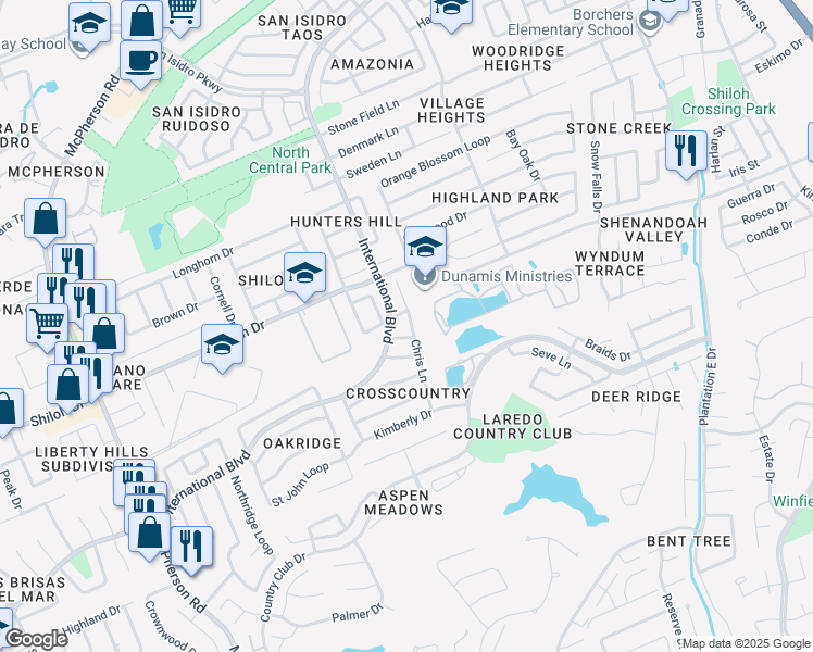 map of restaurants, bars, coffee shops, grocery stores, and more near 8712 Chris Lane in Laredo