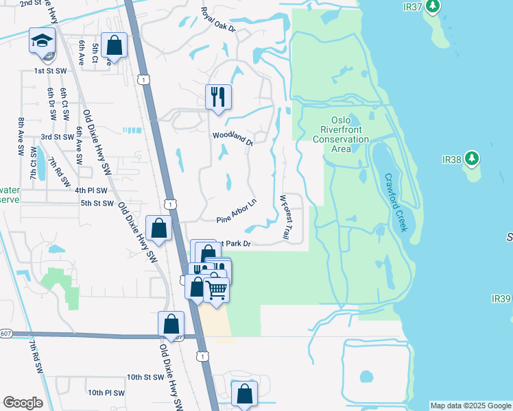 map of restaurants, bars, coffee shops, grocery stores, and more near 25 Pine Arbor Lane in Vero Beach
