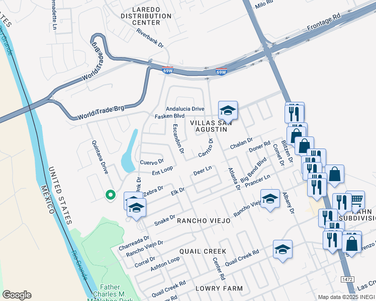 map of restaurants, bars, coffee shops, grocery stores, and more near 110 Castellanos Court in Laredo