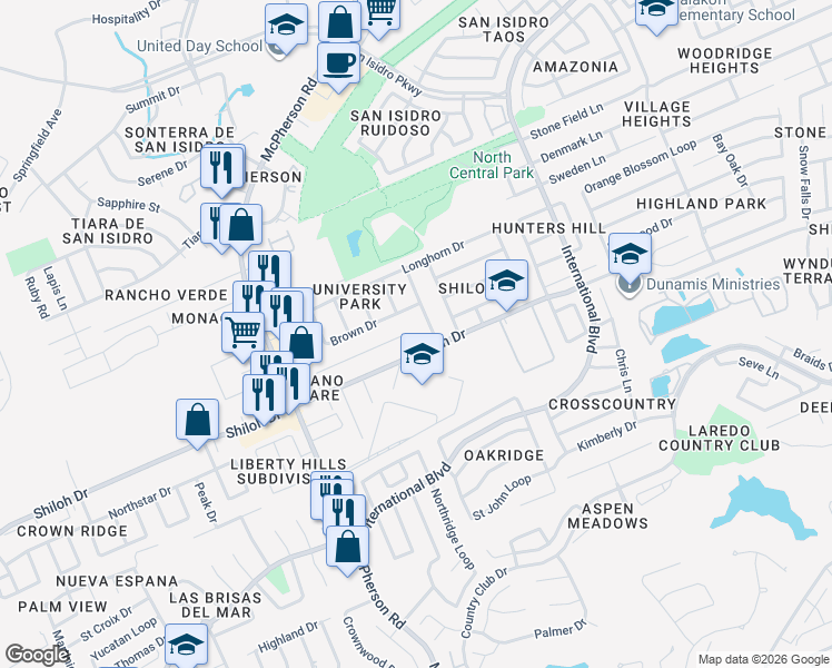map of restaurants, bars, coffee shops, grocery stores, and more near 1241 Whisper Hill Dr in Laredo