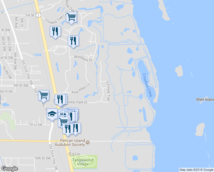 map of restaurants, bars, coffee shops, grocery stores, and more near 180 Forest Cay in Vero Beach