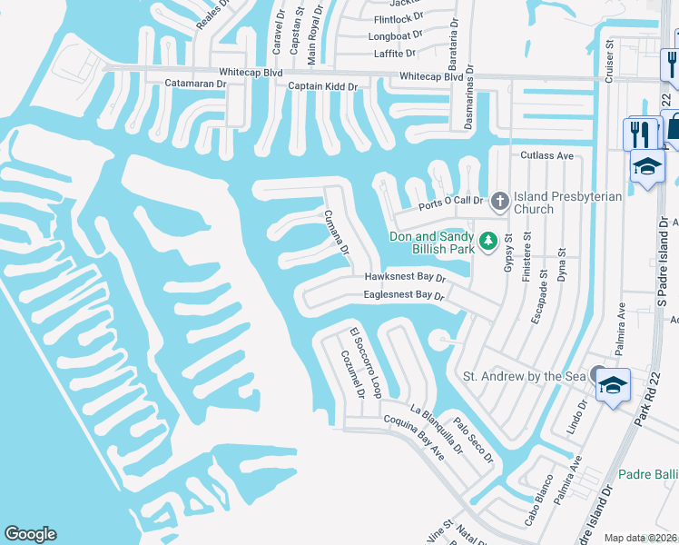 map of restaurants, bars, coffee shops, grocery stores, and more near 13758 Hawksnest Bay Drive in Corpus Christi