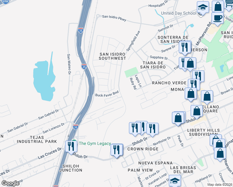 map of restaurants, bars, coffee shops, grocery stores, and more near Springfield Avenue in Laredo