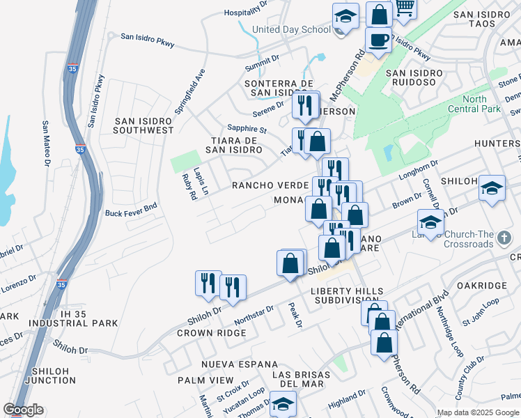 map of restaurants, bars, coffee shops, grocery stores, and more near 906 Larvotto Loop in Laredo
