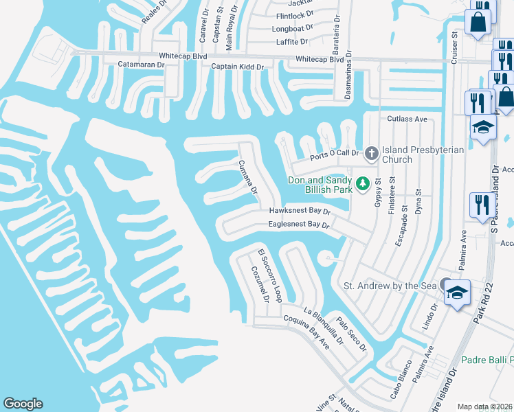 map of restaurants, bars, coffee shops, grocery stores, and more near 13758 Hawksnest Bay Drive in Corpus Christi
