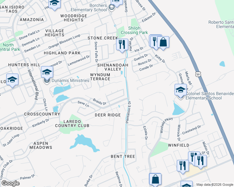 map of restaurants, bars, coffee shops, grocery stores, and more near 2916 Mehlhorn Loop in Laredo