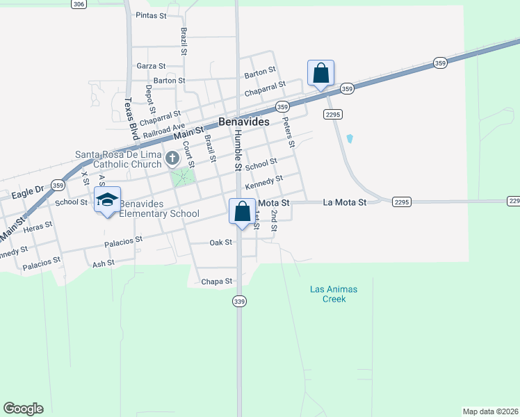 map of restaurants, bars, coffee shops, grocery stores, and more near 522 La Mota Street in Benavides
