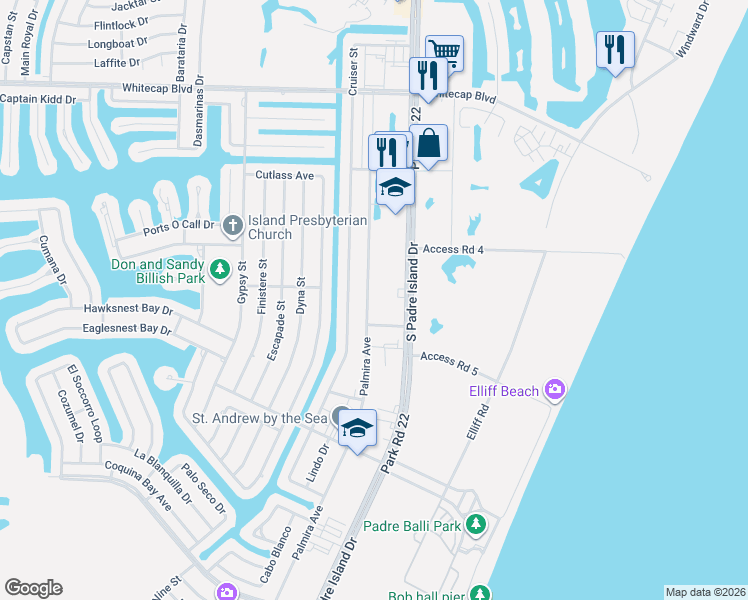 map of restaurants, bars, coffee shops, grocery stores, and more near 15558 Palmira Avenue in Corpus Christi