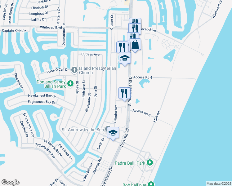 map of restaurants, bars, coffee shops, grocery stores, and more near 15558 Palmira Avenue in Corpus Christi