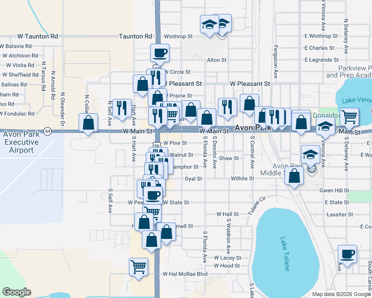map of restaurants, bars, coffee shops, grocery stores, and more near 934 Southwest Walnut Street in Avon Park