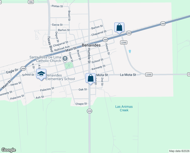 map of restaurants, bars, coffee shops, grocery stores, and more near 522 La Mota Street in Benavides