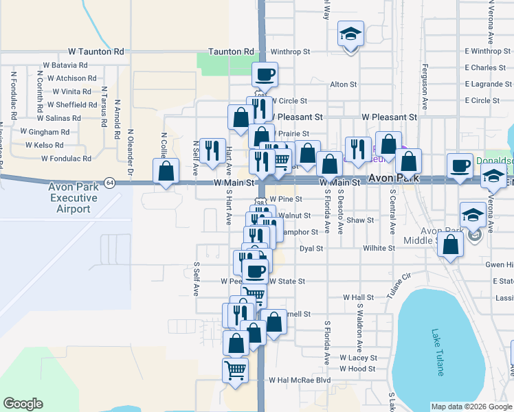 map of restaurants, bars, coffee shops, grocery stores, and more near 96-190 S Main St in Avon Park