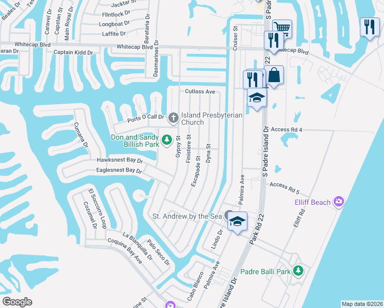 map of restaurants, bars, coffee shops, grocery stores, and more near 15614 Finistere Street in Corpus Christi