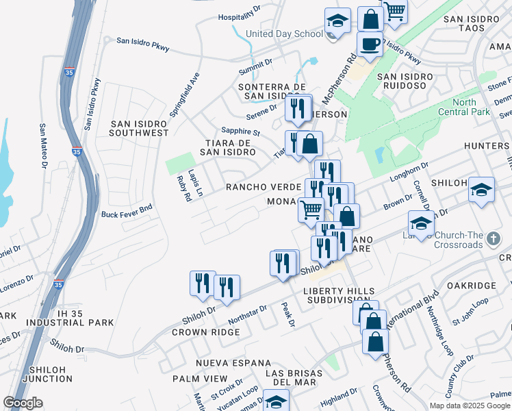 map of restaurants, bars, coffee shops, grocery stores, and more near 906 Larvotto Loop in Laredo
