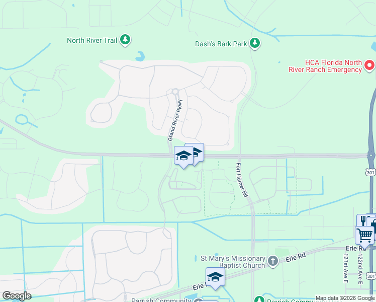 map of restaurants, bars, coffee shops, grocery stores, and more near 10456 97th Street East in Parrish