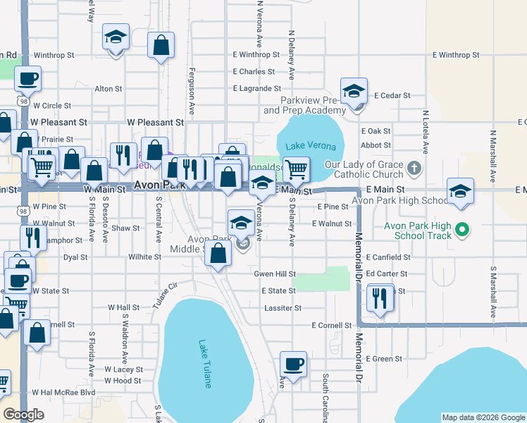 map of restaurants, bars, coffee shops, grocery stores, and more near 101 South Verona Avenue in Avon Park