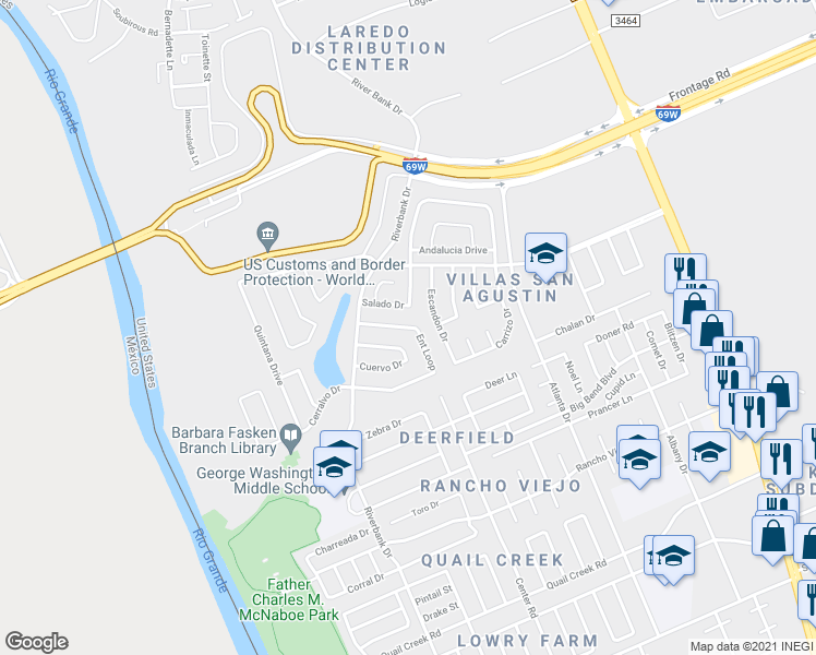 map of restaurants, bars, coffee shops, grocery stores, and more near 11128 Entrada Loop in Laredo