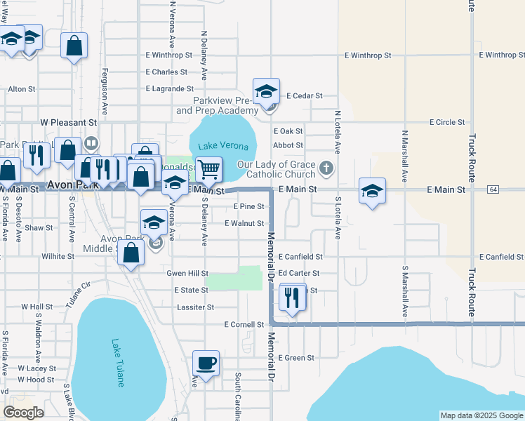 map of restaurants, bars, coffee shops, grocery stores, and more near 311 East Walnut Street in Avon Park