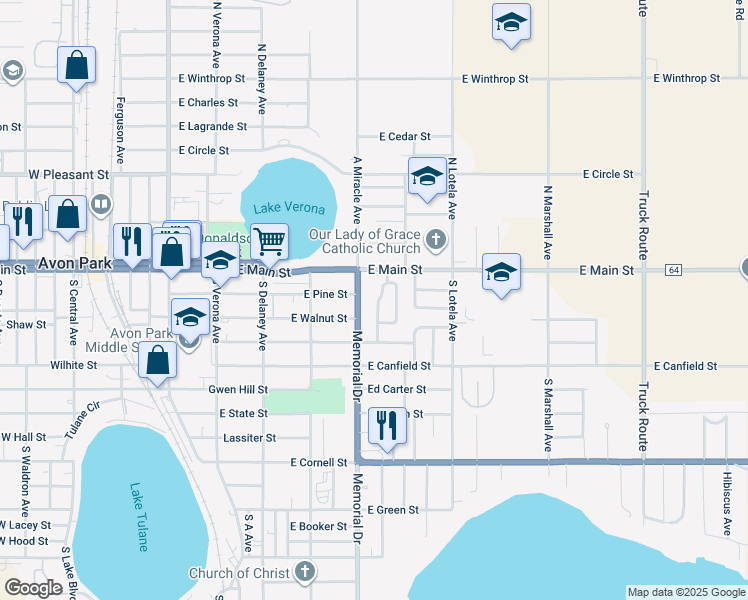 map of restaurants, bars, coffee shops, grocery stores, and more near 6 Forest Hill Drive in Avon Park