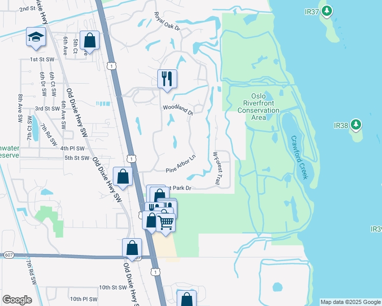 map of restaurants, bars, coffee shops, grocery stores, and more near 25 Pine Arbor Lane in Vero Beach