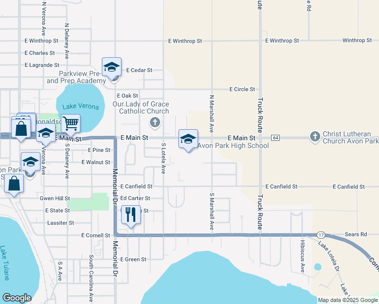 map of restaurants, bars, coffee shops, grocery stores, and more near 700 East Main Street in Avon Park