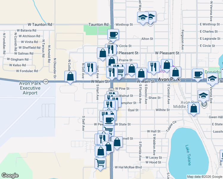 map of restaurants, bars, coffee shops, grocery stores, and more near 96 East Main Street in Avon Park