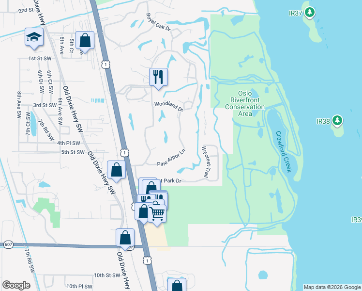 map of restaurants, bars, coffee shops, grocery stores, and more near 28 Pine Arbor Lane in Vero Beach