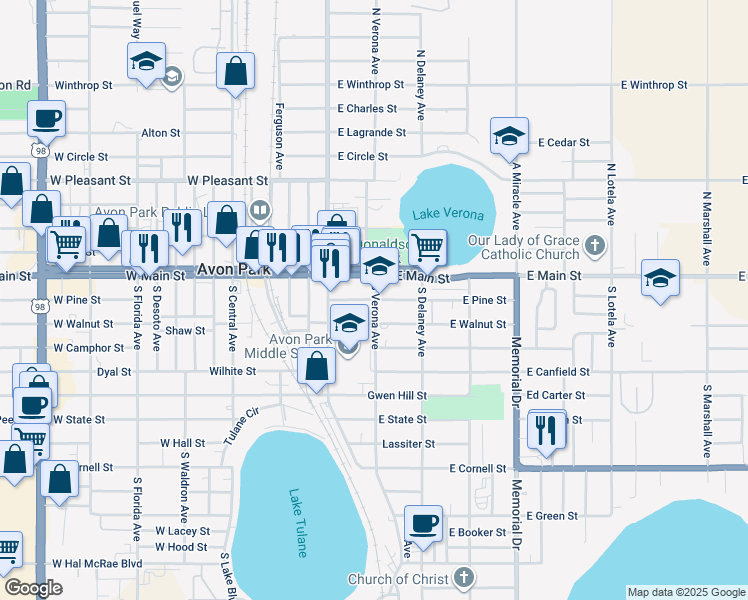 map of restaurants, bars, coffee shops, grocery stores, and more near in Avon Park
