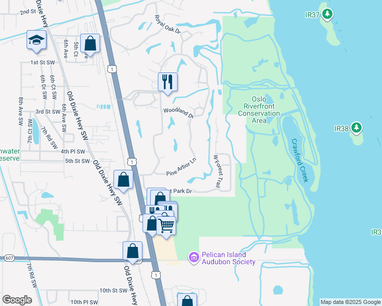 map of restaurants, bars, coffee shops, grocery stores, and more near 25 Pine Arbor Lane in Vero Beach