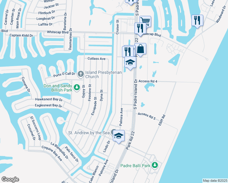map of restaurants, bars, coffee shops, grocery stores, and more near 15513 Cruiser Street in Corpus Christi
