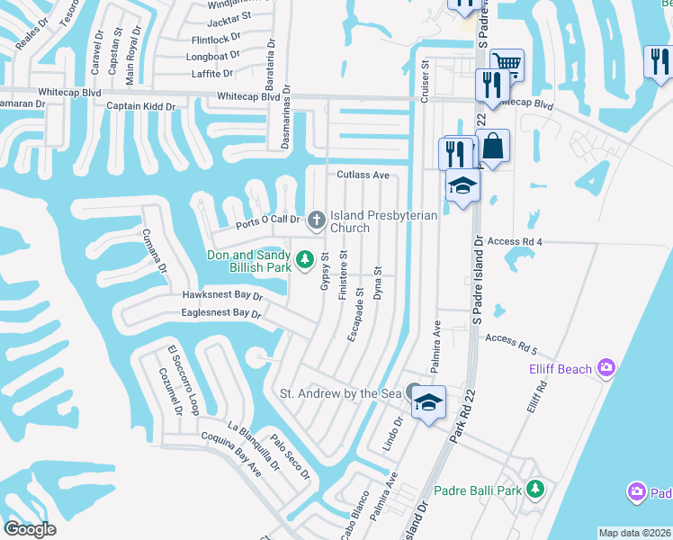 map of restaurants, bars, coffee shops, grocery stores, and more near 15530 Finistere Street in Corpus Christi
