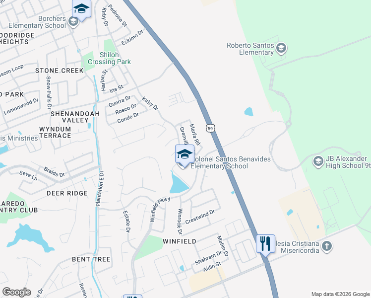 map of restaurants, bars, coffee shops, grocery stores, and more near 10813 Grenville Road in Laredo