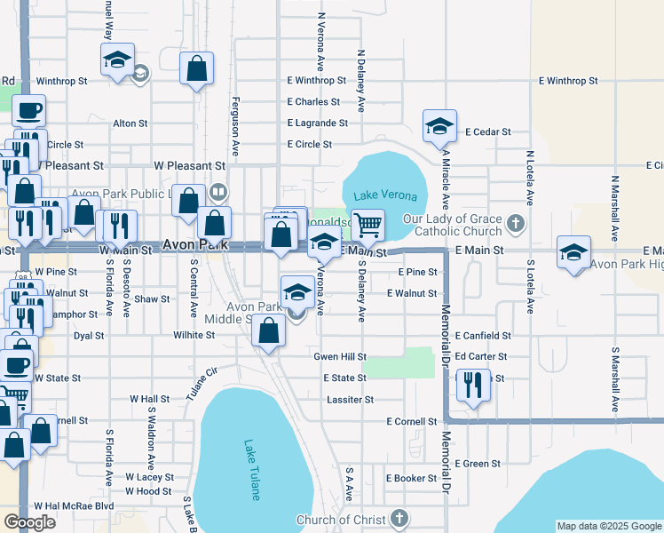 map of restaurants, bars, coffee shops, grocery stores, and more near 111 East Pine Street in Avon Park