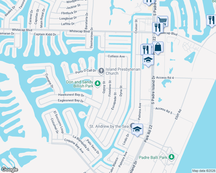 map of restaurants, bars, coffee shops, grocery stores, and more near 15530 Finistere Street in Corpus Christi