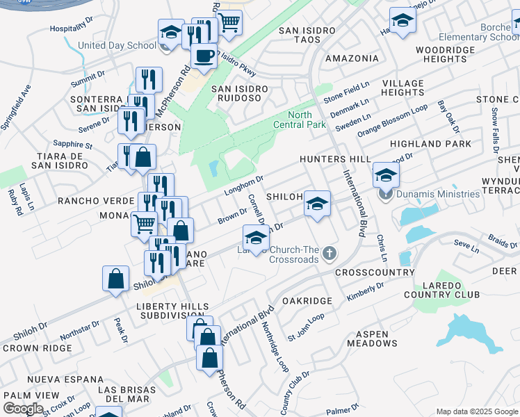 map of restaurants, bars, coffee shops, grocery stores, and more near 8917 Cornell Drive in Laredo