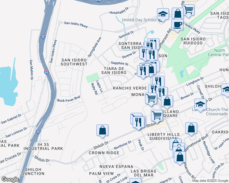 map of restaurants, bars, coffee shops, grocery stores, and more near 701 Amber Avenue in Laredo