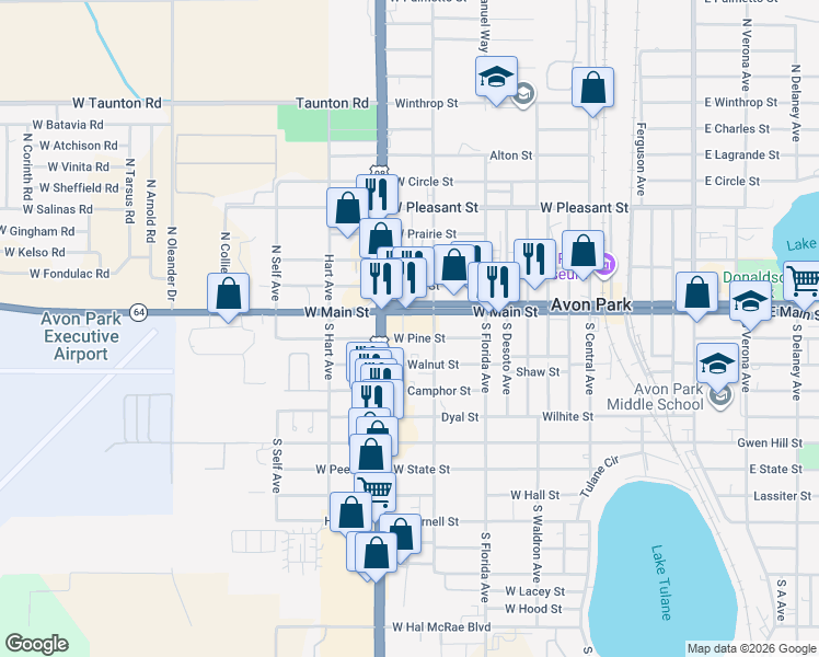 map of restaurants, bars, coffee shops, grocery stores, and more near 939 West Main Street in Avon Park