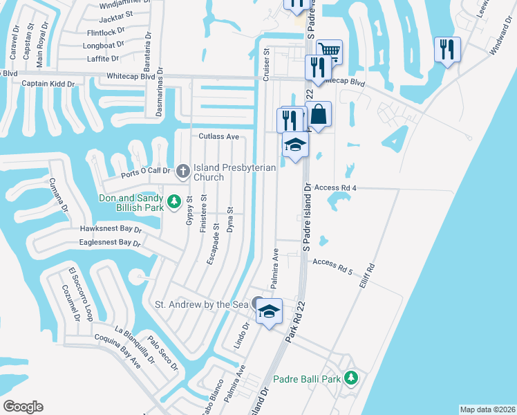 map of restaurants, bars, coffee shops, grocery stores, and more near 15513 Cruiser Street in Corpus Christi