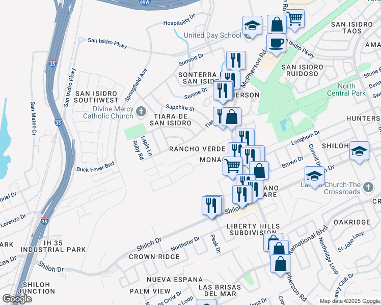 map of restaurants, bars, coffee shops, grocery stores, and more near 995 Tiara Trail in Laredo