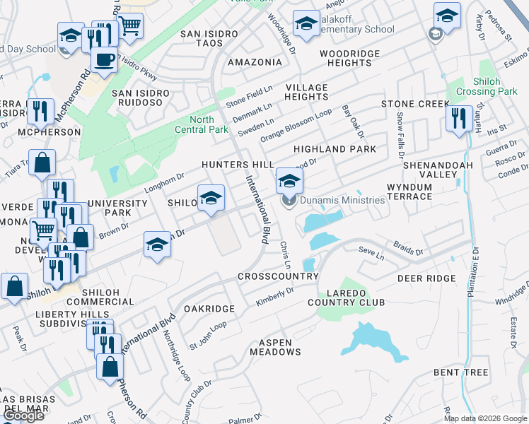 map of restaurants, bars, coffee shops, grocery stores, and more near 1208 Crossview Loop in Laredo