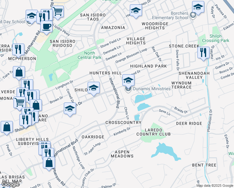 map of restaurants, bars, coffee shops, grocery stores, and more near 1208 Crossview Loop in Laredo