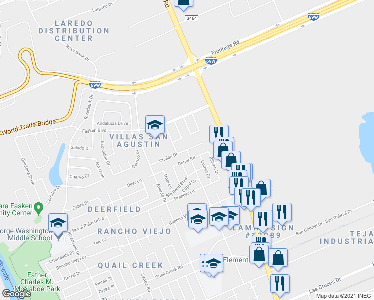 map of restaurants, bars, coffee shops, grocery stores, and more near 873 Chalan Drive in Laredo