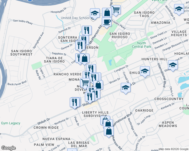 map of restaurants, bars, coffee shops, grocery stores, and more near 1204 Longhorn Drive in Laredo