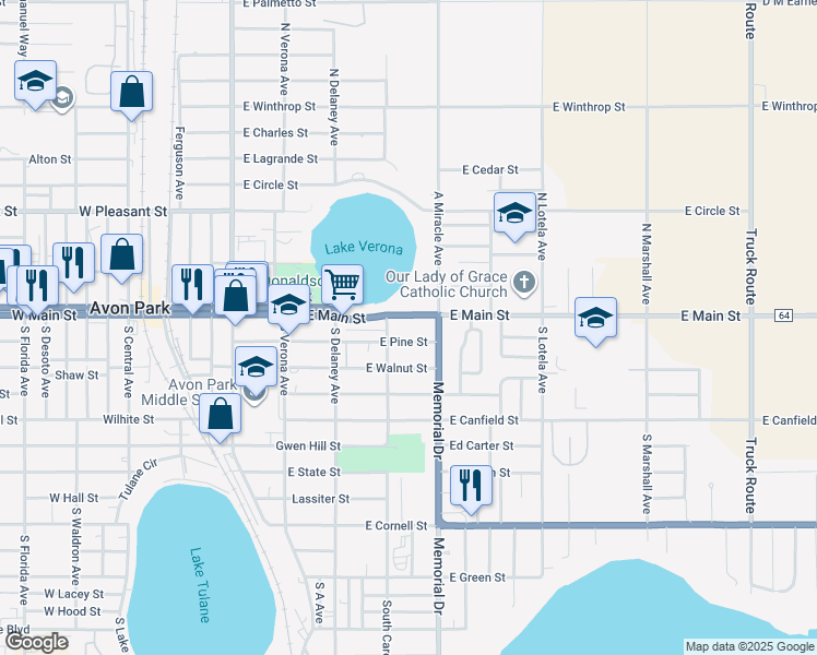 map of restaurants, bars, coffee shops, grocery stores, and more near 318 E Main St in Avon Park