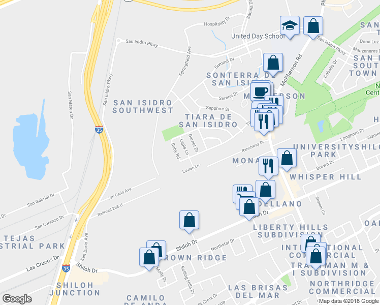 map of restaurants, bars, coffee shops, grocery stores, and more near 703 Lapis Lane in Laredo