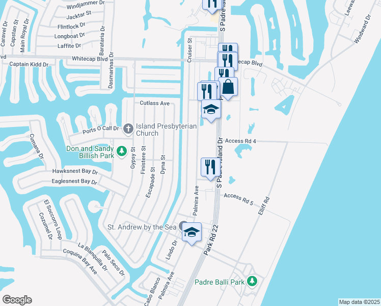 map of restaurants, bars, coffee shops, grocery stores, and more near 15514 Palmira Avenue in Corpus Christi
