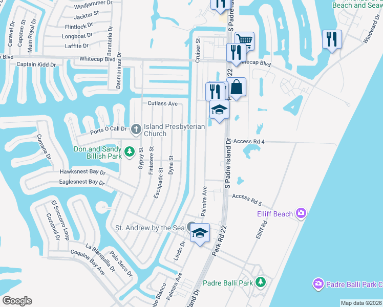 map of restaurants, bars, coffee shops, grocery stores, and more near 15513 Cruiser Street in Corpus Christi