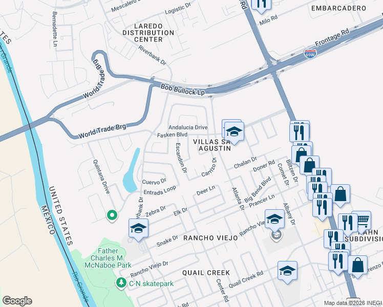 map of restaurants, bars, coffee shops, grocery stores, and more near 11119 Paso De Jacinto Loop in Laredo